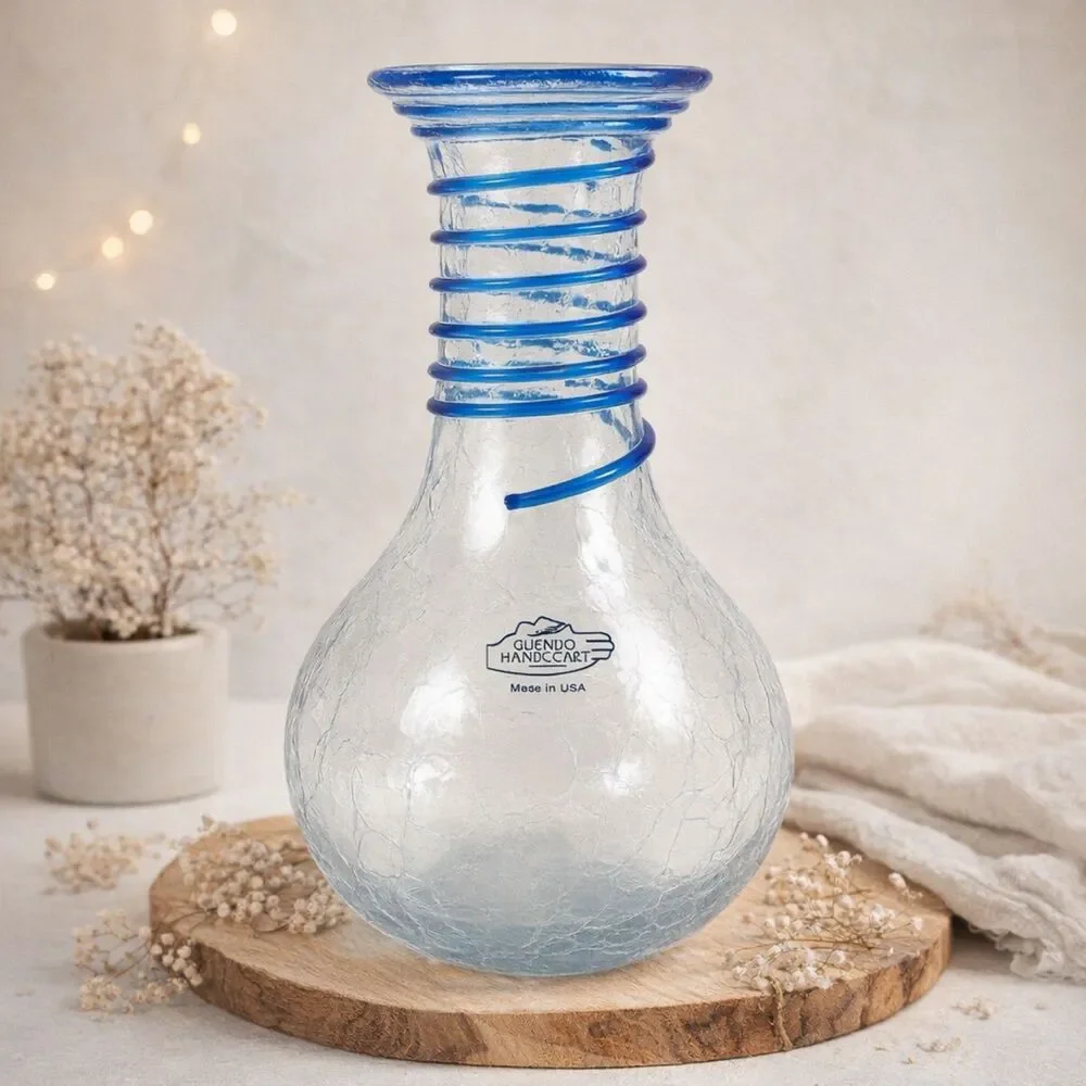 MCM Blenko Glass Decanter Vase Clear Crackle Cobalt Blue Coil Wrap 8” Vintage